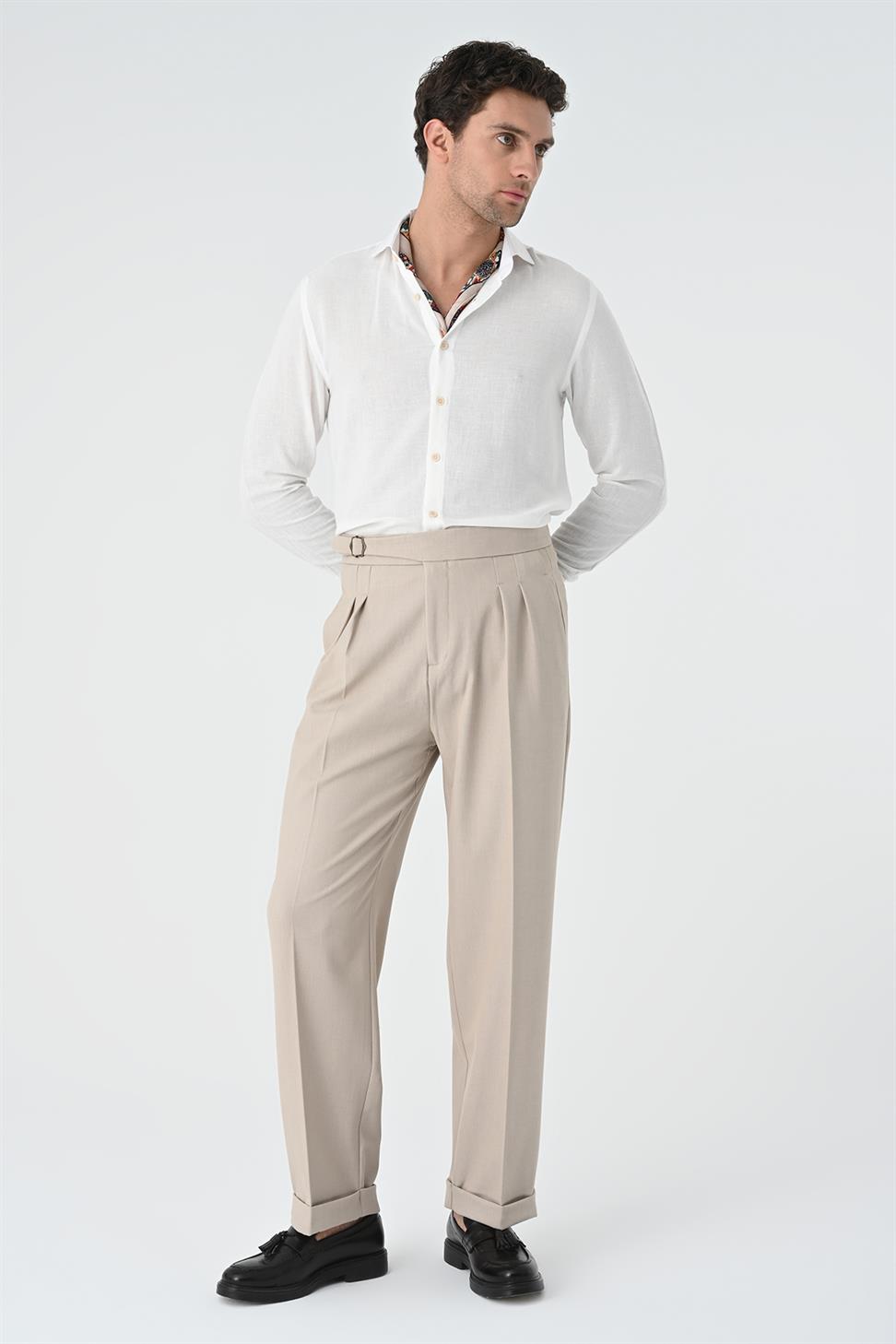Buckle Detailed Pleated High Waist Men's Trousers