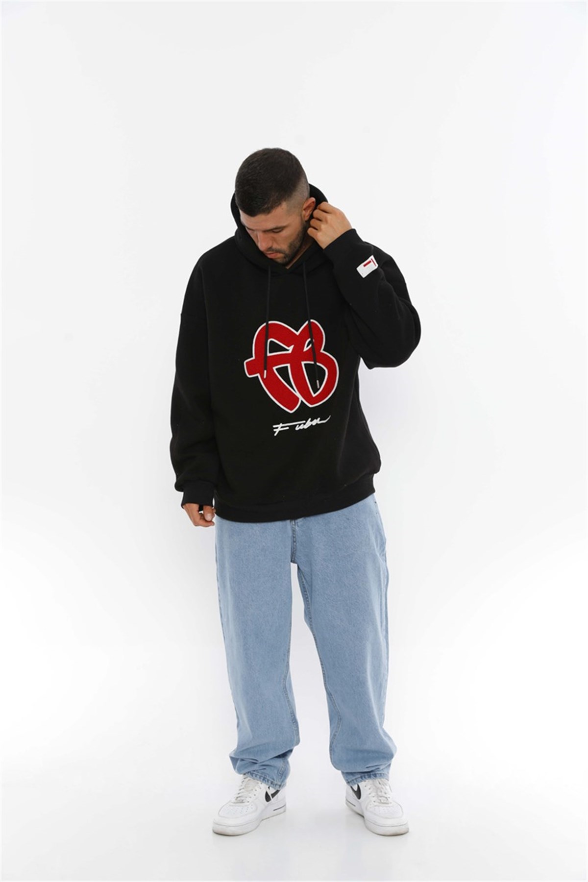 Siyah 90's FUBU Nakış Detaylı Hoodie Oversize Erkek Sweatshirt