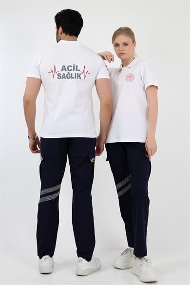 112 Yakalı Unisex Tshirt Kısa Kol - Beyaz