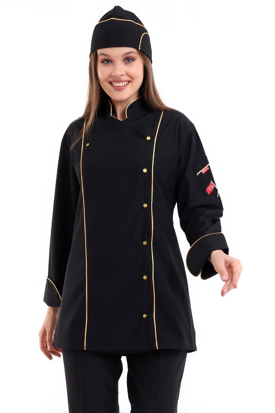 Siyah Üzerine Sarı Biyeli Kadın Şef ve Aşçı Ceketi