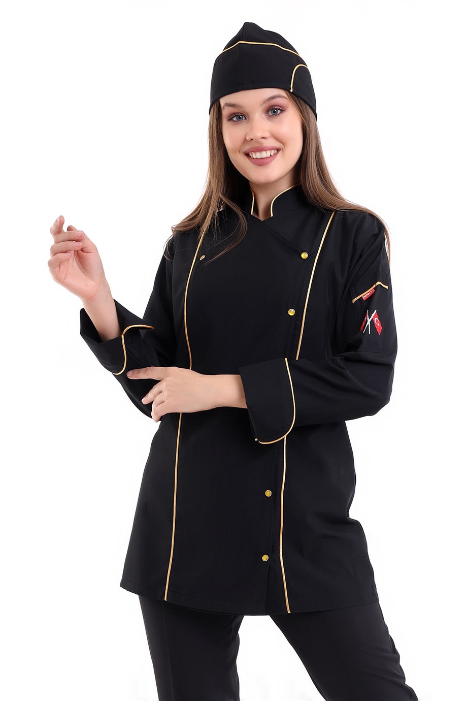 Siyah Üzerine Sarı Biyeli Kadın Şef ve Aşçı Ceketi
