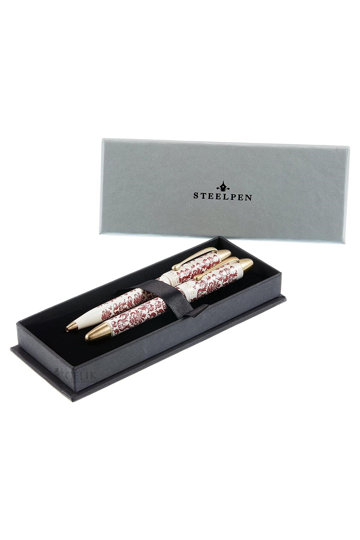 Steelpen Pearl Serisi 4587 Kırmızı Desenli Dolma Kalem + Tükenmez Kalem Seti