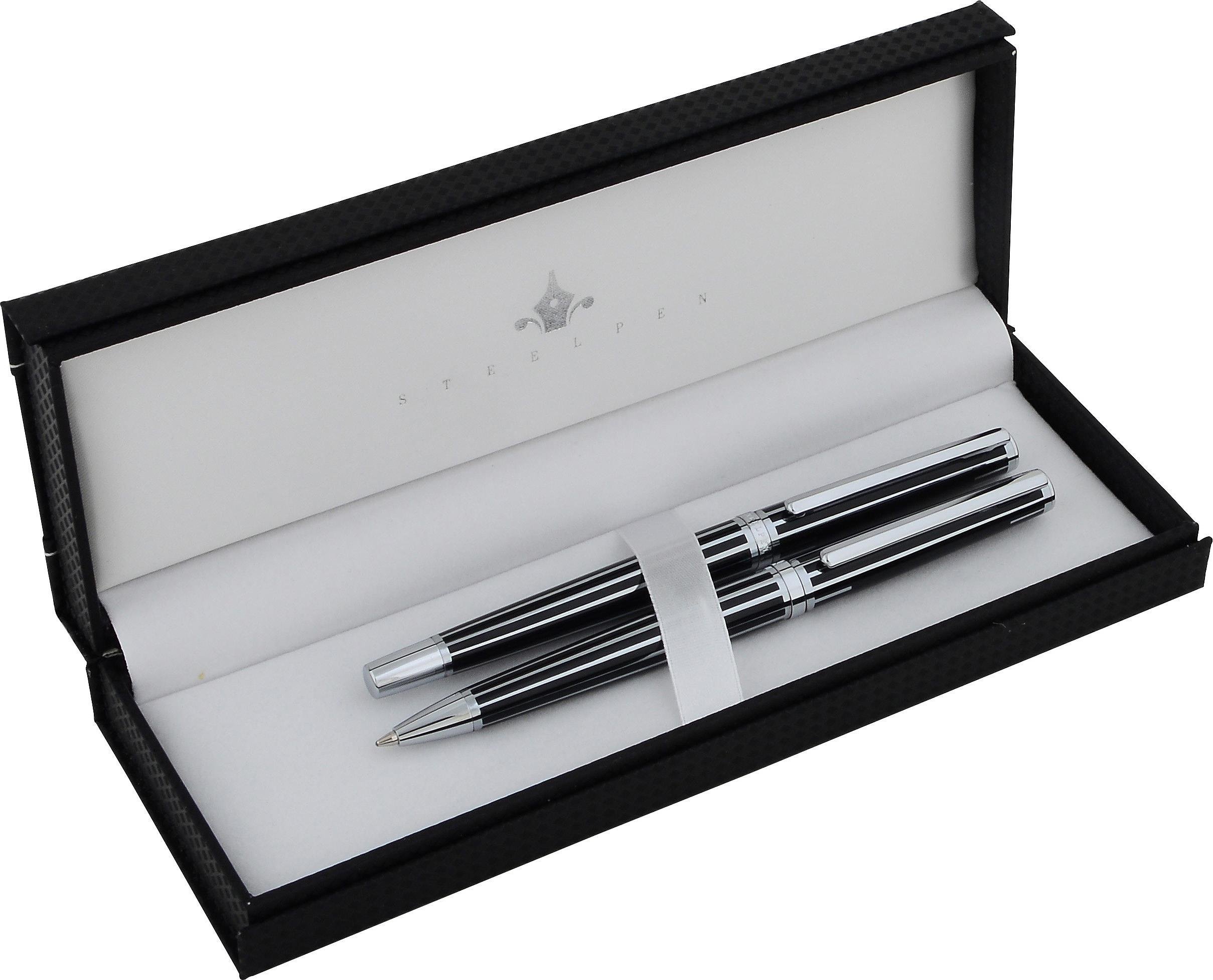 Steelpen Slim Serisi 8134 Siyah Çizgili Dolma Kalem +Tükenmez Kalem