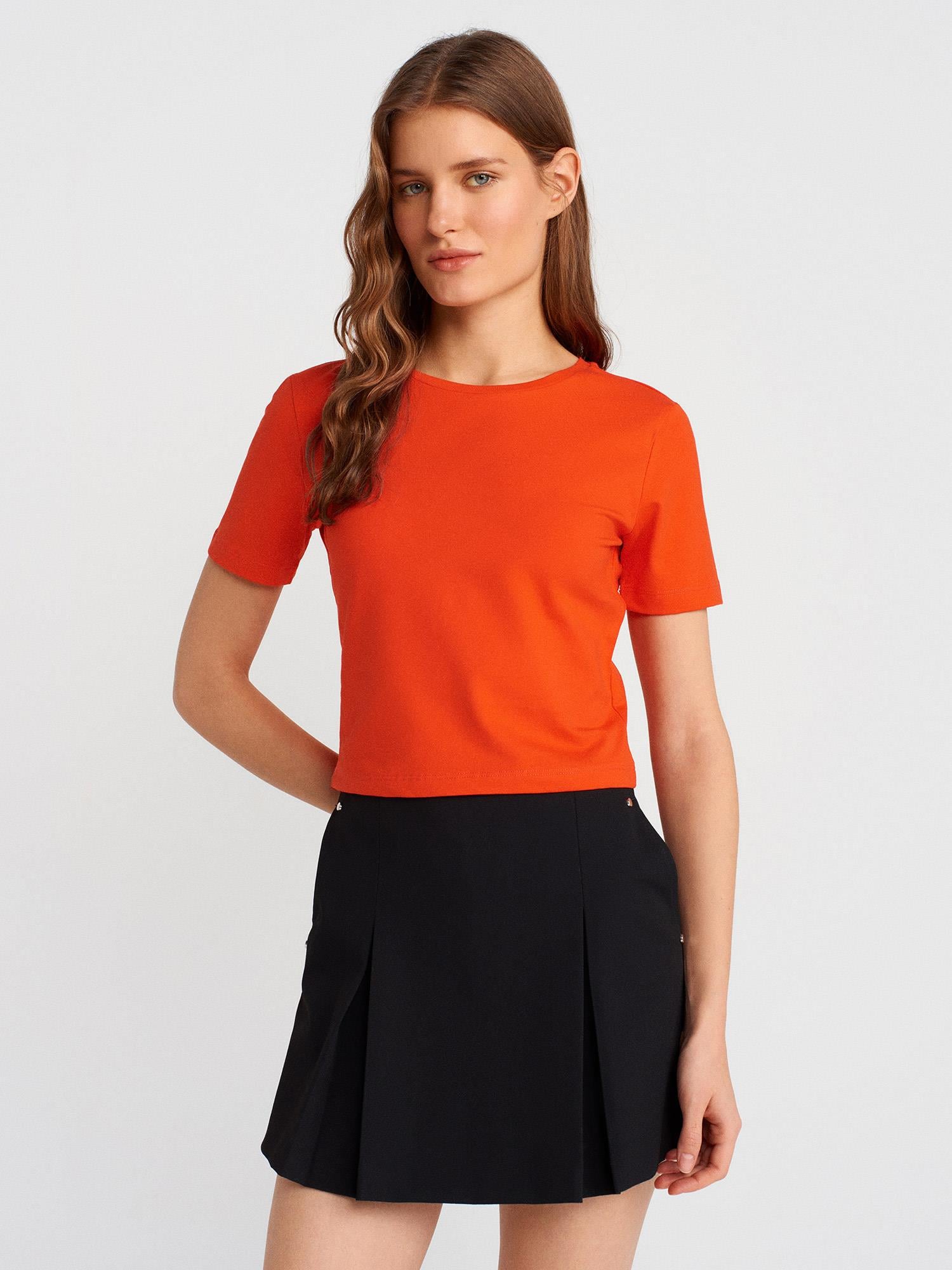 Bisiklet Yaka Crop Top-Kırmızı