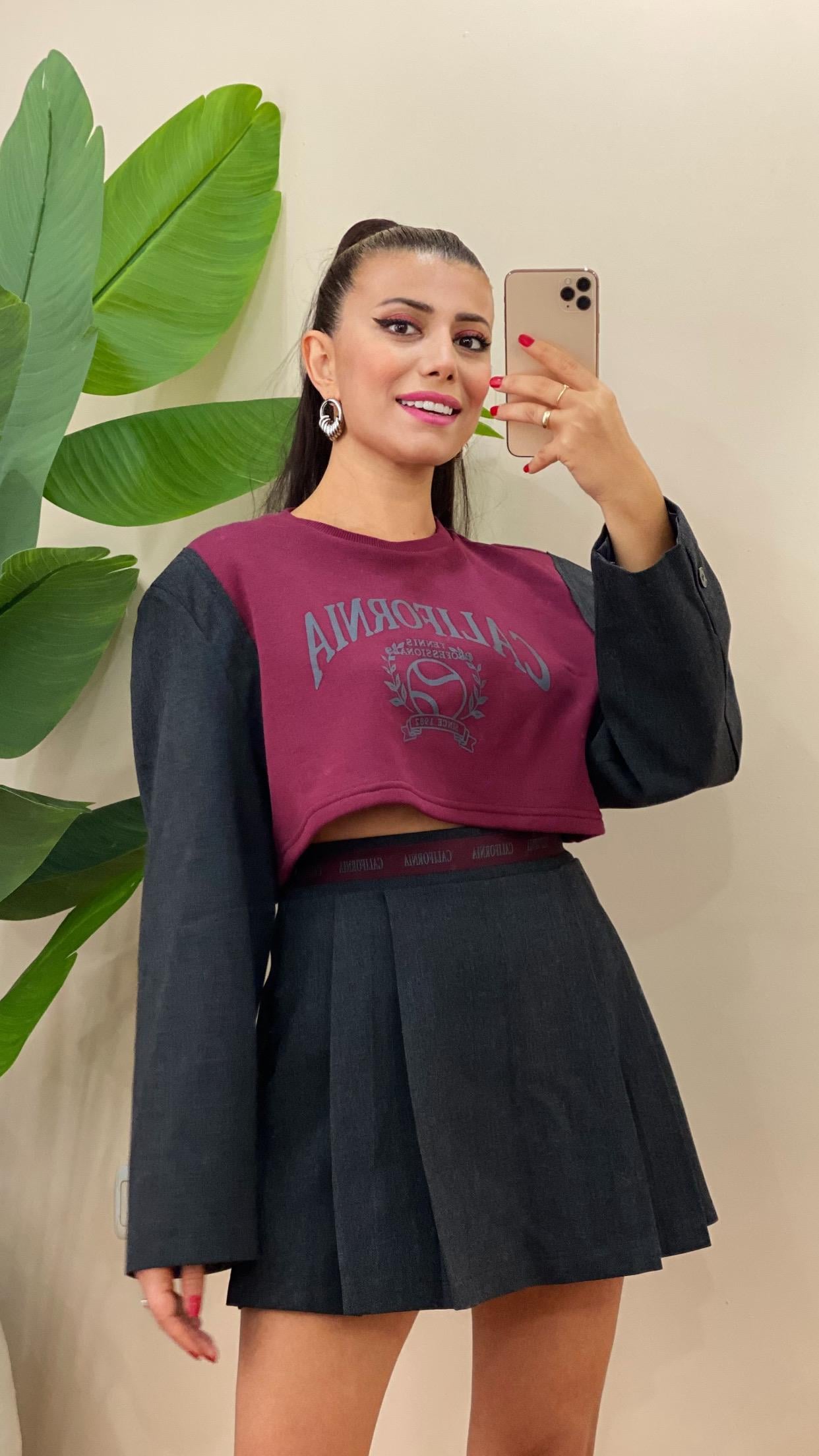 Blazer Garnili Vatkalı Crop Sweatshirt Bordo