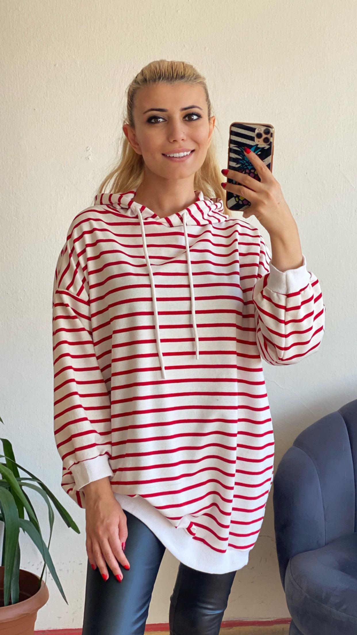 Bordo Çizgili Kapüşonlu Sweat