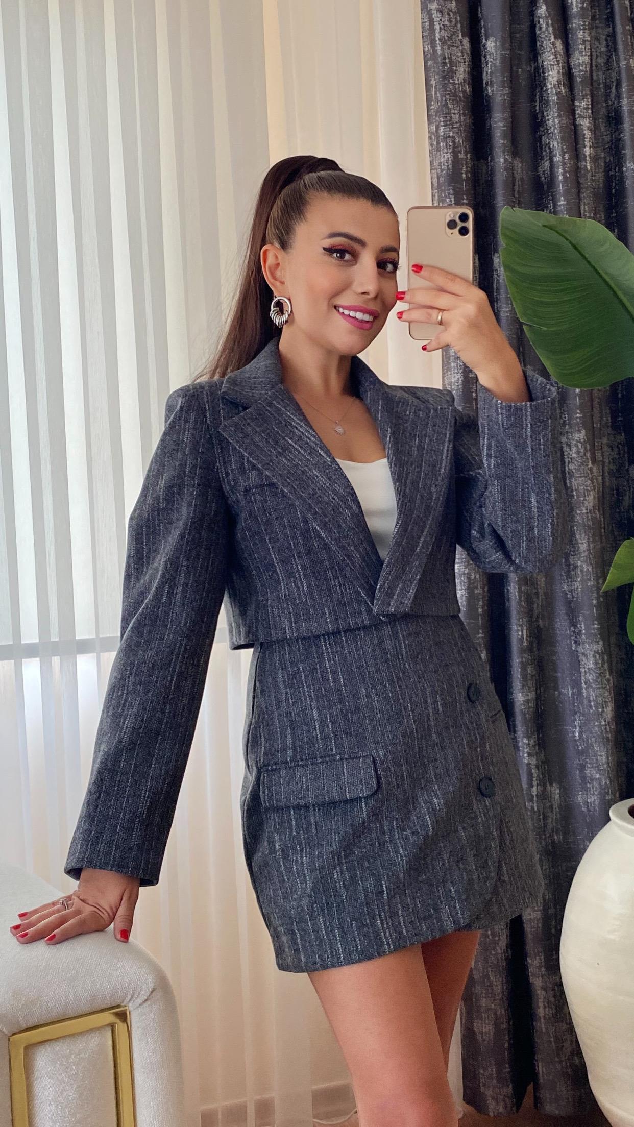 Kaşe Crop Blazer Ceket - Etek Takım - ANTRASİT