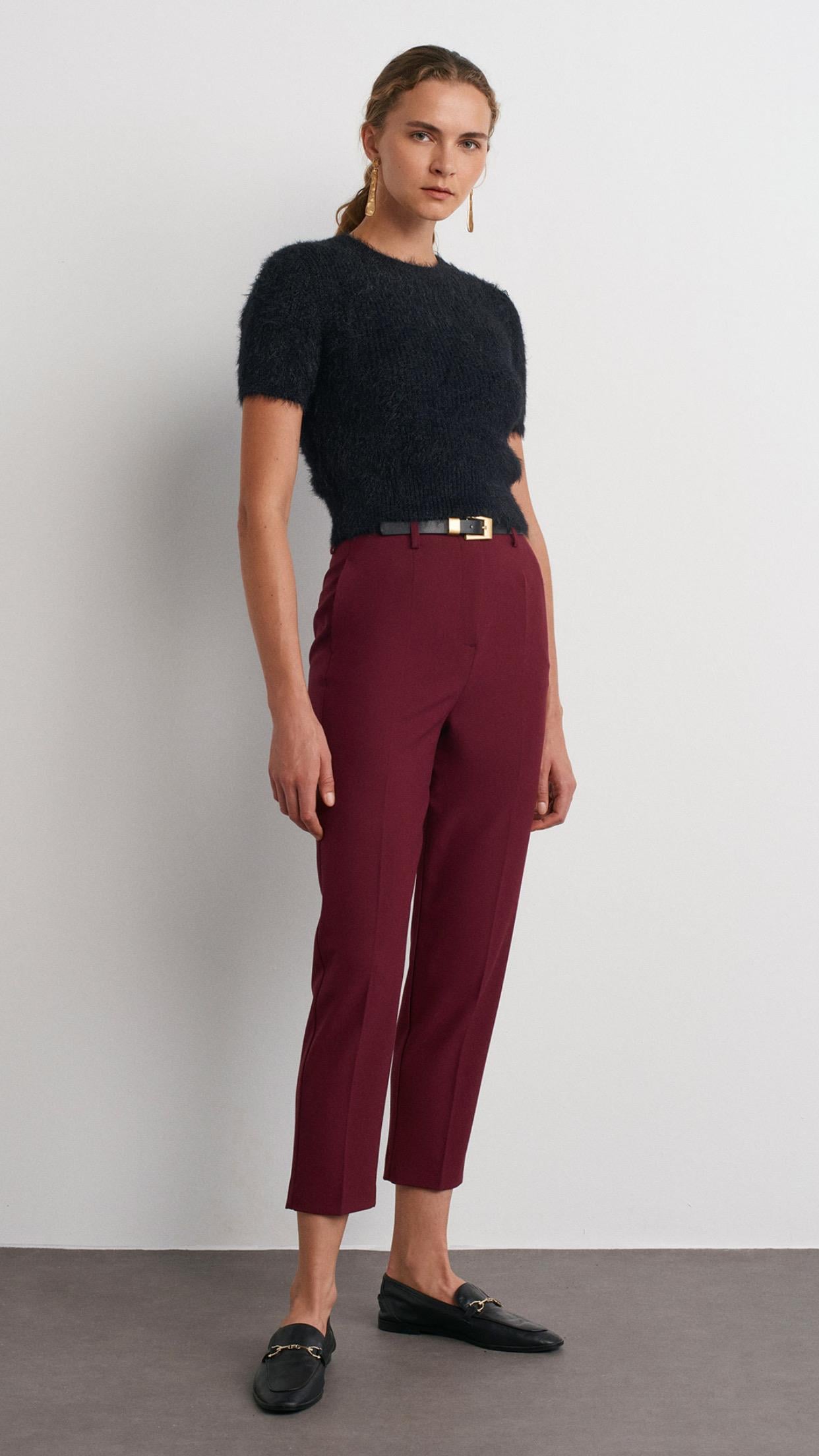 Kemerli Yüksek Bel Pantolon-Bordo