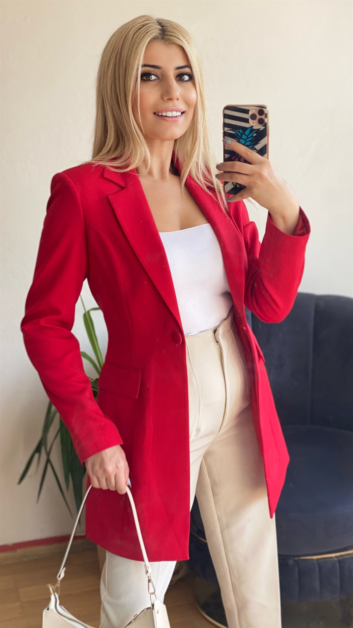 Kırmızı Belden Oturtmalı Astarlı Blazer Ceket