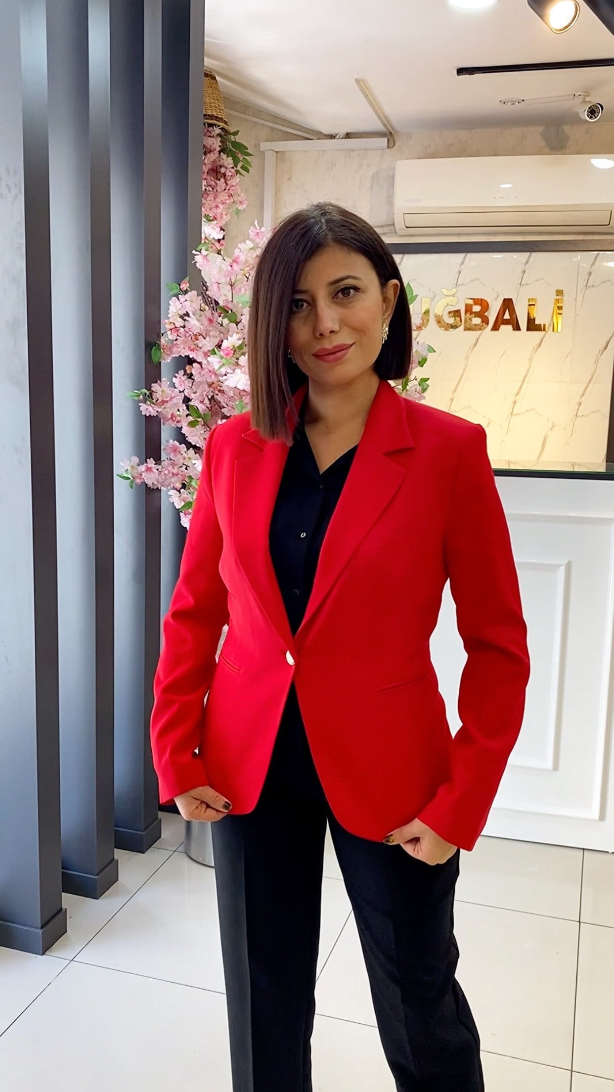 Kırmızı Gold Düğme Detaylı Belden Oturtmalı Blazer Ceket 