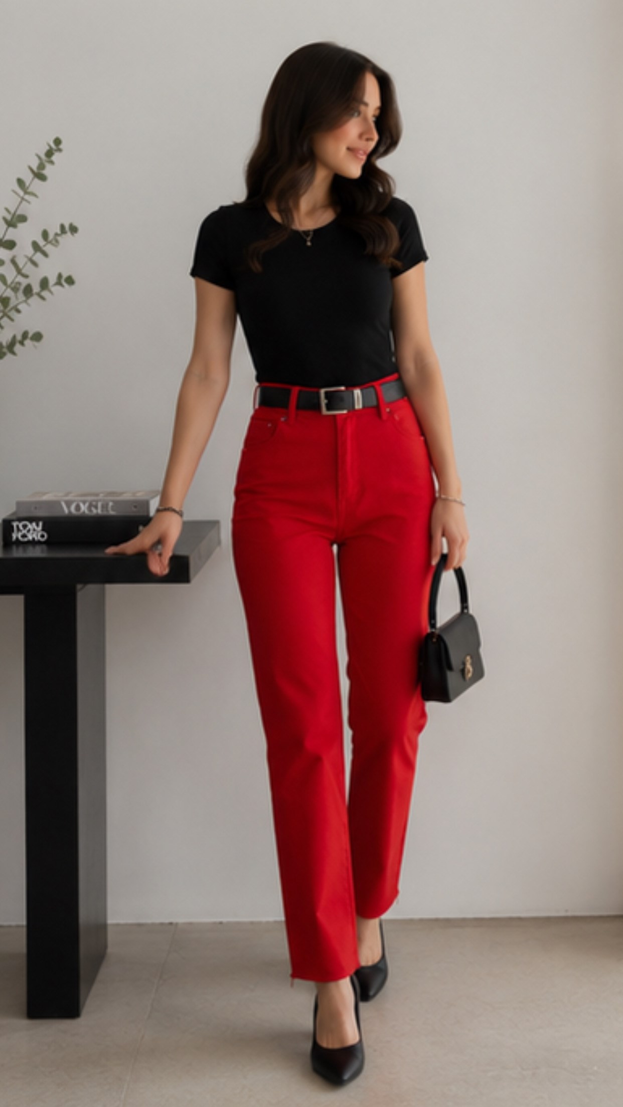 Kırmızı Kemerli Straight Paçası Kesik Jean