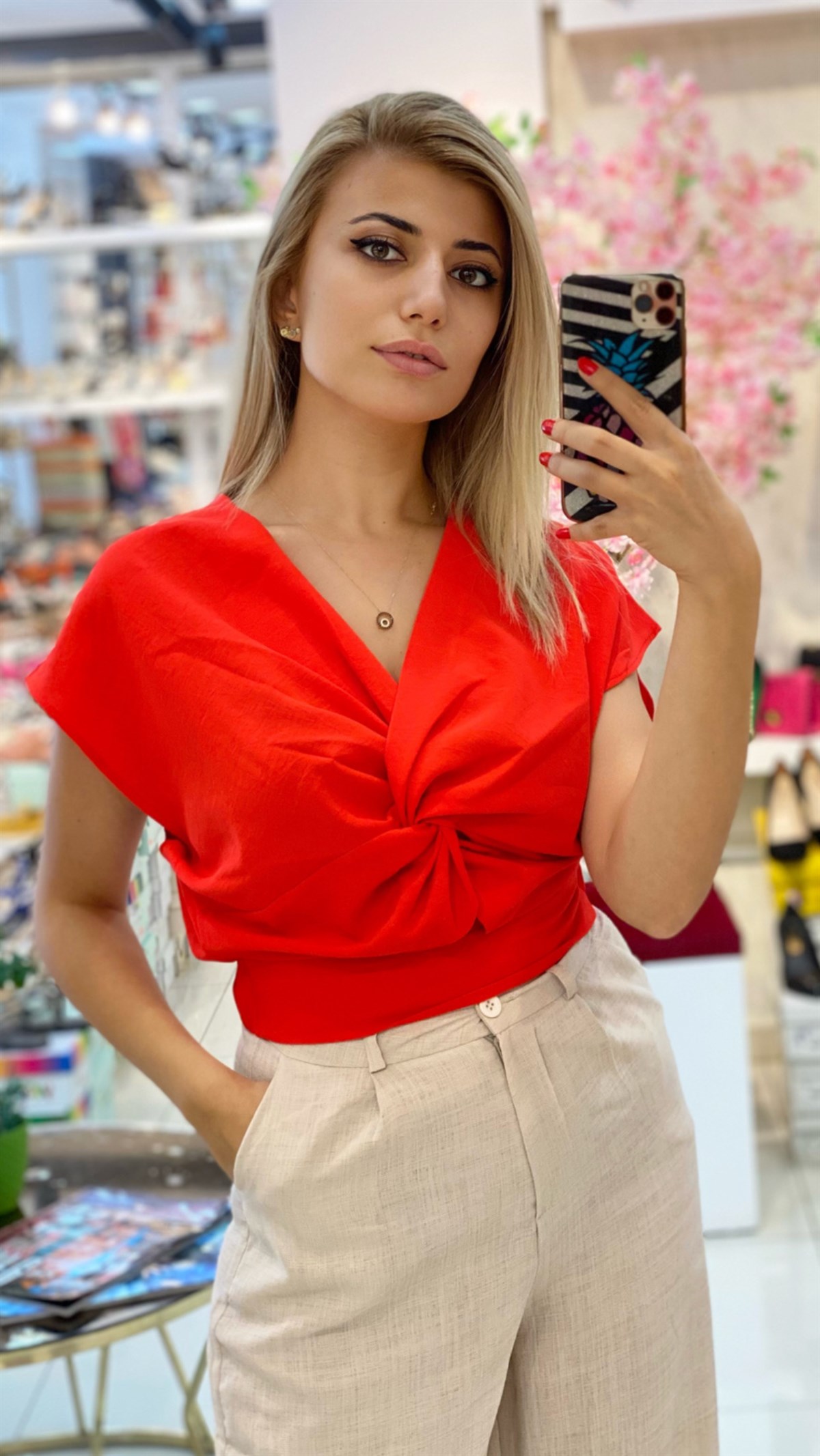 Nar Çiçeği Yanı Fermuarlı Kapama Crop Bluz