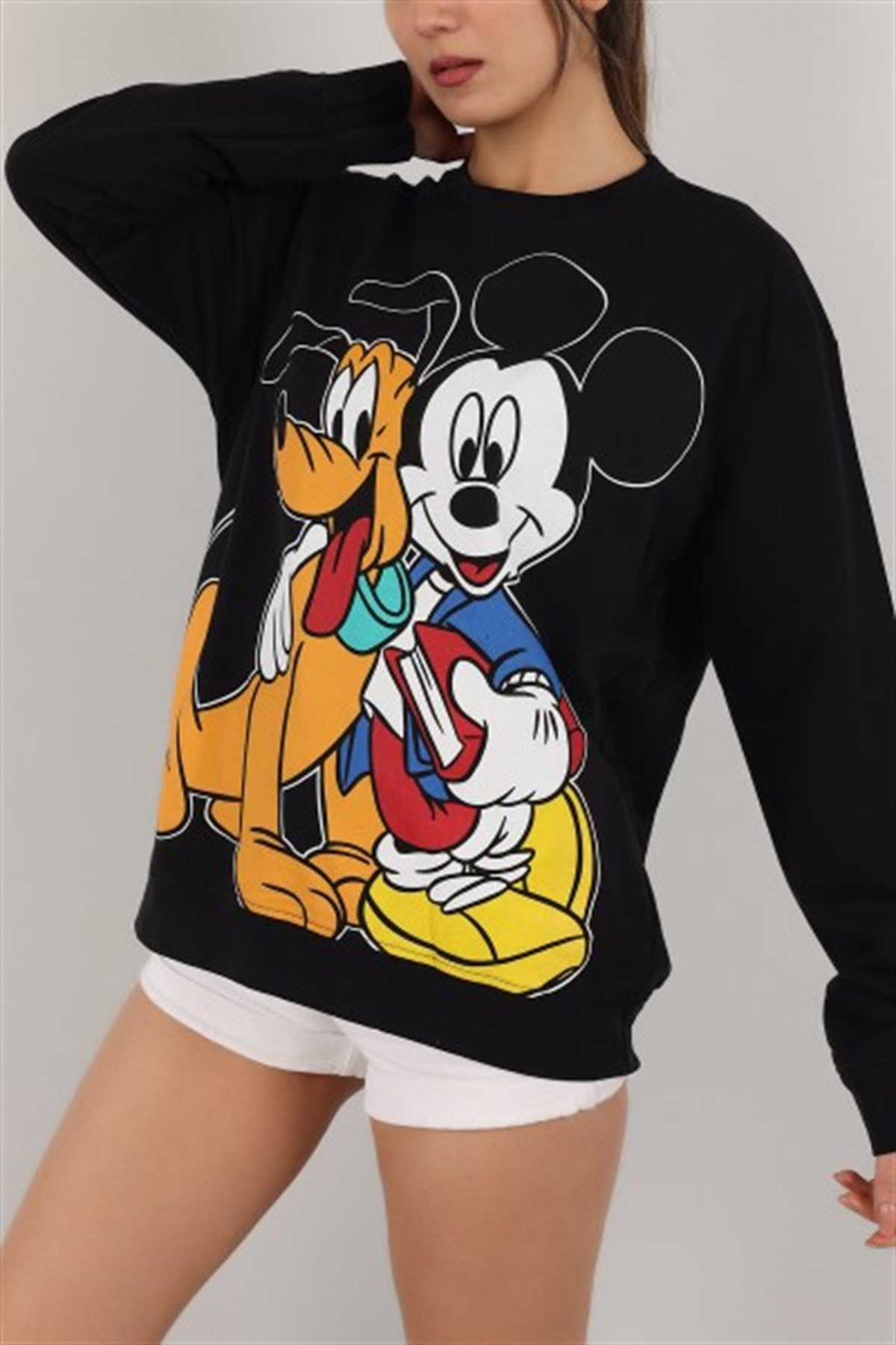 Siyah Renk Mickey Mouse Basklı İki İplik Sweat