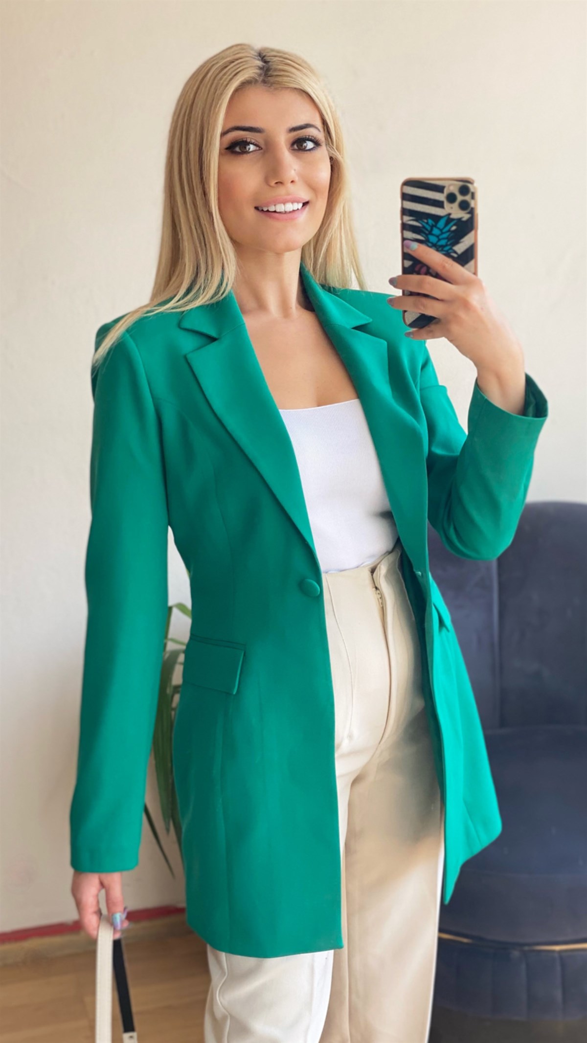 Kadın Yeşil Belden Oturtmalı Astarlı Blazer Ceket - Tuğbali