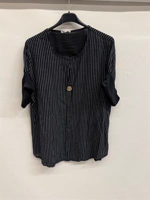Siyah Kadın İtalyan Çizgi Desenli Yarım Kol Açık Yaka Oversize Bluz 40 - 44 Beden