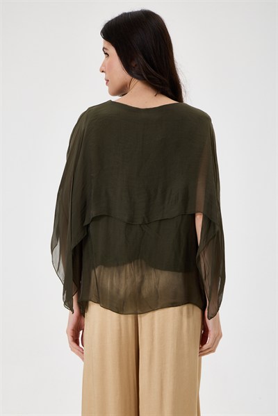 Dark Khaki İtalyan Panço Kol Astarlı İpek Bluz 38 - 42 Beden