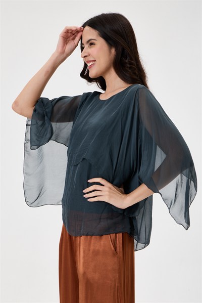 Dark Grey İtalyan Panço Kol Astarlı İpek Bluz 38 - 42 Beden