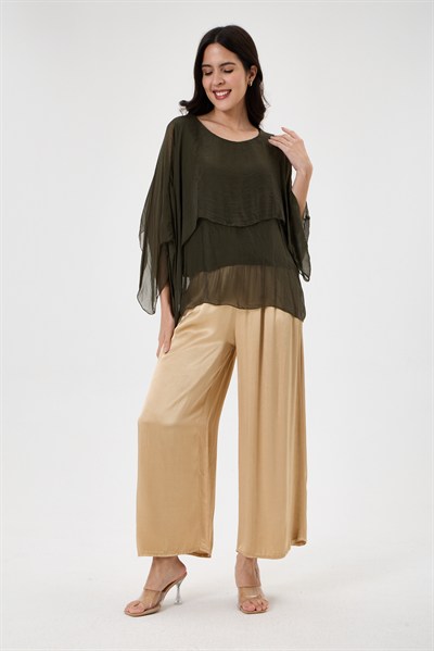 Dark Khaki İtalyan Panço Kol Astarlı İpek Bluz 38 - 42 Beden