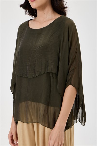 Dark Khaki İtalyan Panço Kol Astarlı İpek Bluz 38 - 42 Beden