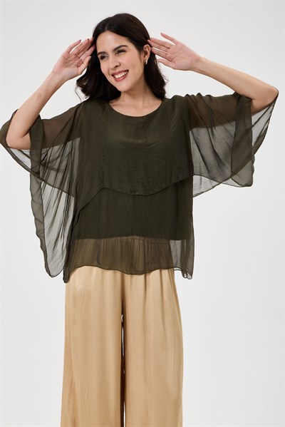 Dark Khaki İtalyan Panço Kol Astarlı İpek Bluz 38 - 42 Beden