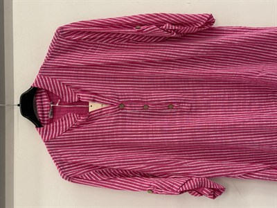 Fuşya Kadın İtalyan Çizgi Desen Hakim Yaka Kısa Kol Oversize Bluz 40 - 44 Beden