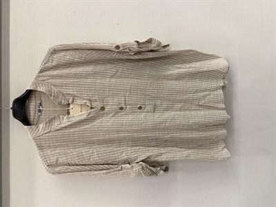 Bej Kadın İtalyan Çizgi Desen Hakim Yaka Kısa Kol Oversize Bluz 40 - 44 Beden
