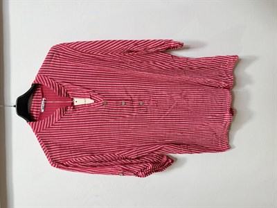 Kırmızı Kadın İtalyan Çizgi Desen Hakim Yaka Kısa Kol Oversize Bluz 40 - 44 Beden