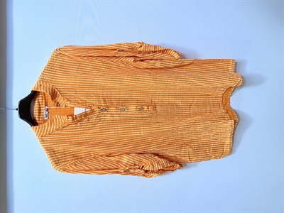 Turuncu Kadın İtalyan Çizgi Desen Hakim Yaka Kısa Kol Oversize Bluz 40 - 44 Beden