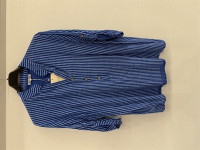 Saks Mavi Kadın İtalyan Çizgi Desen Hakim Yaka Kısa Kol Oversize Bluz 40 - 44 Beden