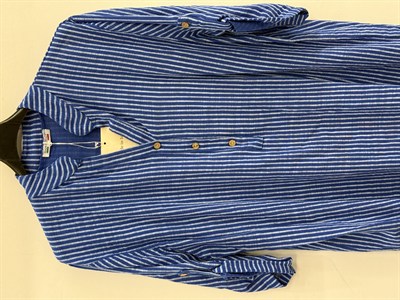 Saks Mavi Kadın İtalyan Çizgi Desen Hakim Yaka Kısa Kol Oversize Bluz 40 - 44 Beden