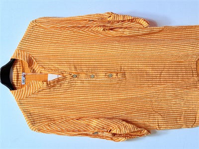 Turuncu Kadın İtalyan Çizgi Desen Hakim Yaka Kısa Kol Oversize Bluz 40 - 44 Beden