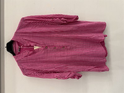Fuşya Kadın İtalyan Çizgi Desen Hakim Yaka Kısa Kol Oversize Bluz 40 - 44 Beden