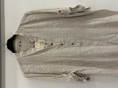 Bej Kadın İtalyan Çizgi Desen Hakim Yaka Kısa Kol Oversize Bluz 40 - 44 Beden