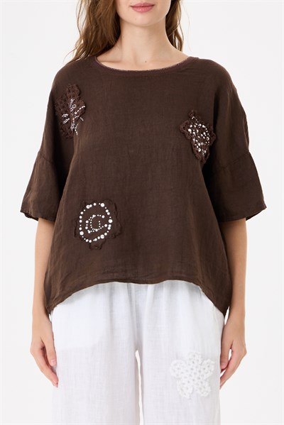 İtalyan %100 Keten Taşlı Oversize Keten Bluz 38 - 42 Beden