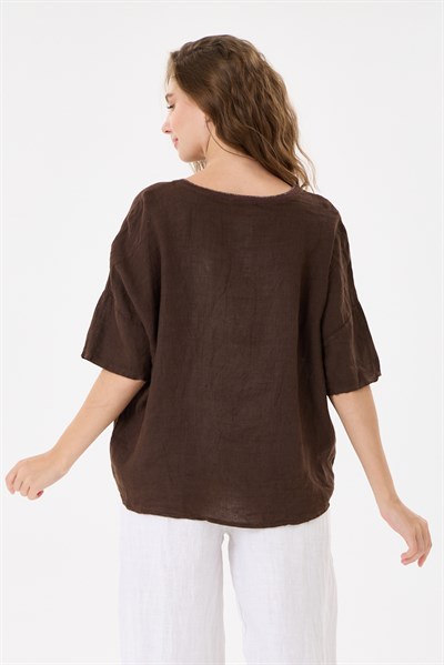 İtalyan %100 Keten Taşlı Oversize Keten Bluz 38 - 42 Beden