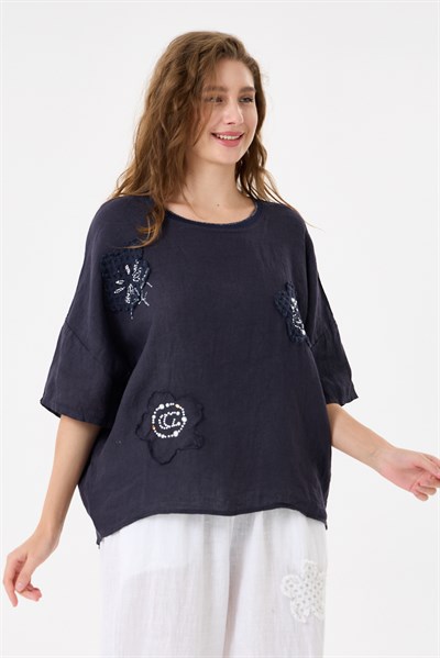 İtalyan %100 Keten Taşlı Oversize Keten Bluz 38 - 42 Beden