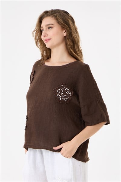 İtalyan %100 Keten Taşlı Oversize Keten Bluz 38 - 42 Beden