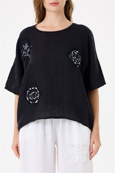İtalyan %100 Keten Taşlı Oversize Keten Bluz 38 - 42 Beden