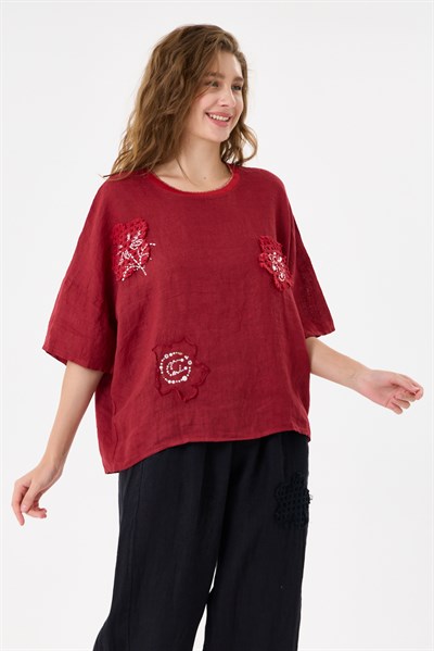 İtalyan %100 Keten Taşlı Oversize Keten Bluz 38 - 42 Beden