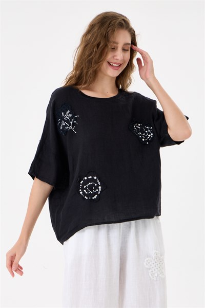 İtalyan %100 Keten Taşlı Oversize Keten Bluz 38 - 42 Beden
