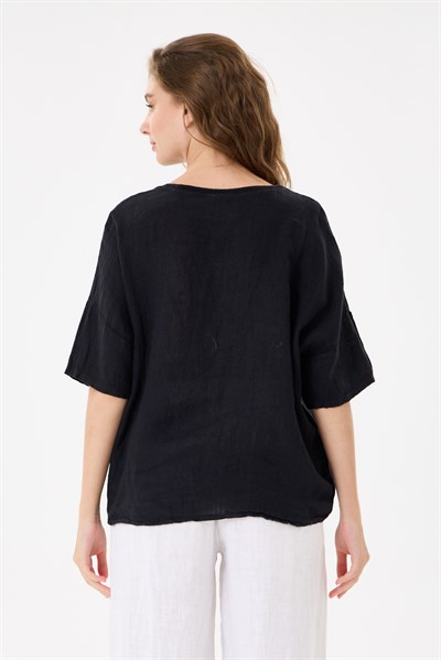 İtalyan %100 Keten Taşlı Oversize Keten Bluz 38 - 42 Beden