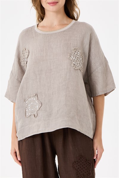 İtalyan %100 Keten Taşlı Oversize Keten Bluz 38 - 42 Beden