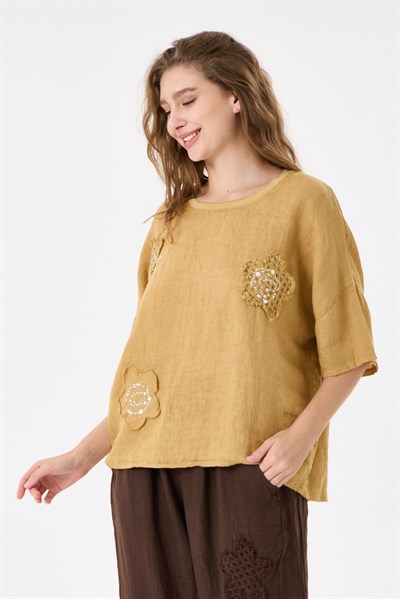 İtalyan %100 Keten Taşlı Oversize Keten Bluz 38 - 42 Beden