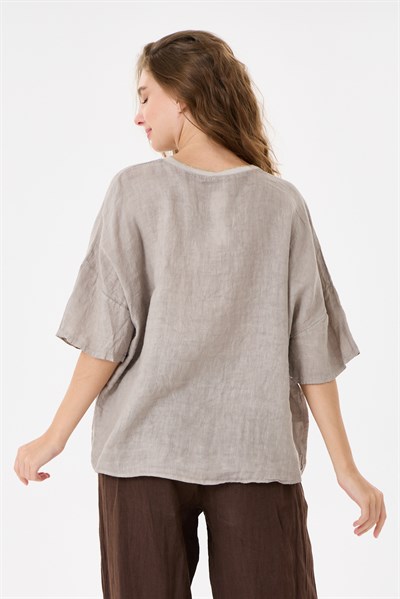İtalyan %100 Keten Taşlı Oversize Keten Bluz 38 - 42 Beden