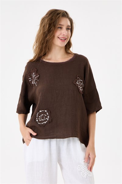 İtalyan %100 Keten Taşlı Oversize Keten Bluz 38 - 42 Beden