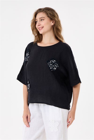 İtalyan %100 Keten Taşlı Oversize Keten Bluz 38 - 42 Beden
