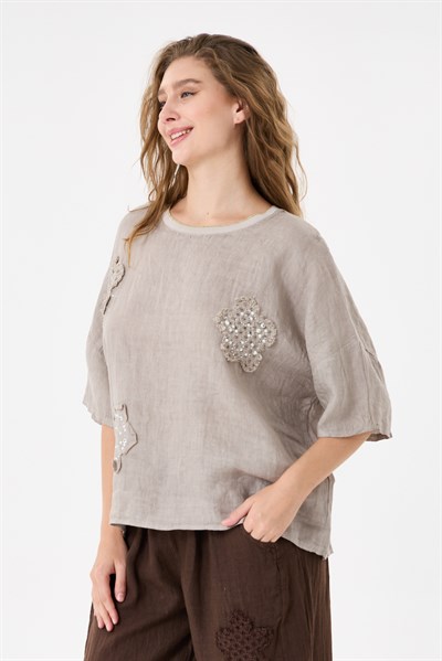 İtalyan %100 Keten Taşlı Oversize Keten Bluz 38 - 42 Beden