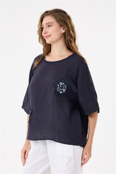 İtalyan %100 Keten Taşlı Oversize Keten Bluz 38 - 42 Beden