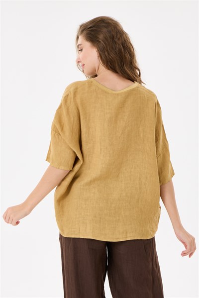 İtalyan %100 Keten Taşlı Oversize Keten Bluz 38 - 42 Beden