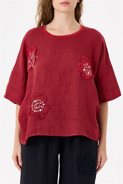 İtalyan %100 Keten Taşlı Oversize Keten Bluz 38 - 42 Beden
